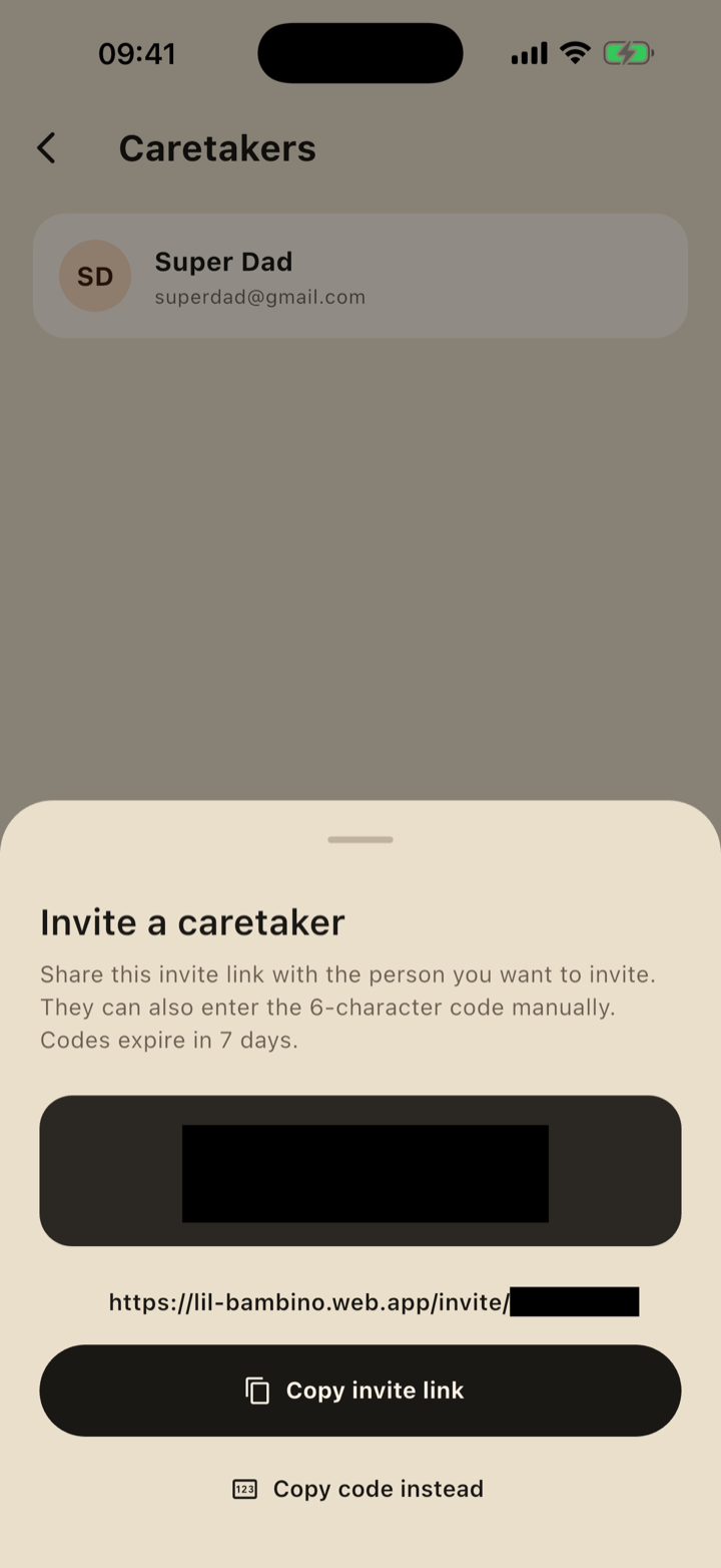 Invite a caretaker with a share code